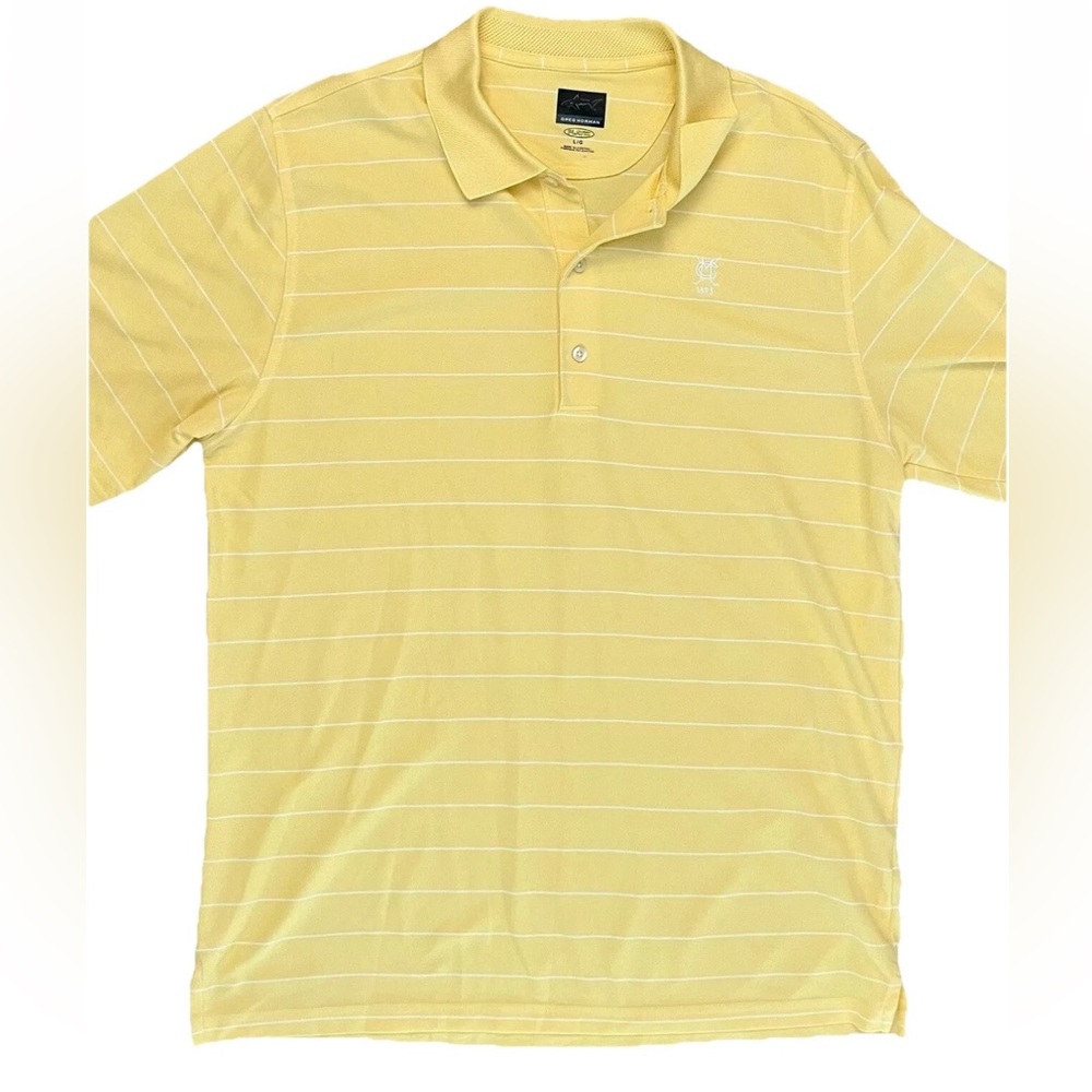 Greg Norman play dry men’s golf shirt size large yellow white stripes polo EUC